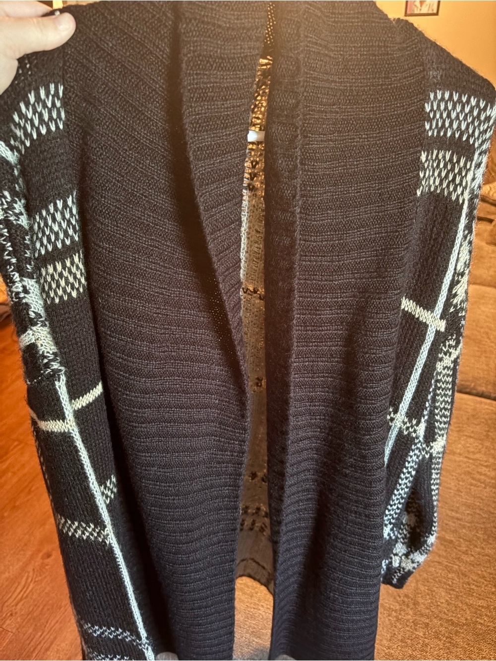 Lane Bryant Black Cardigan with Ivory Plaid Sleeve Accents